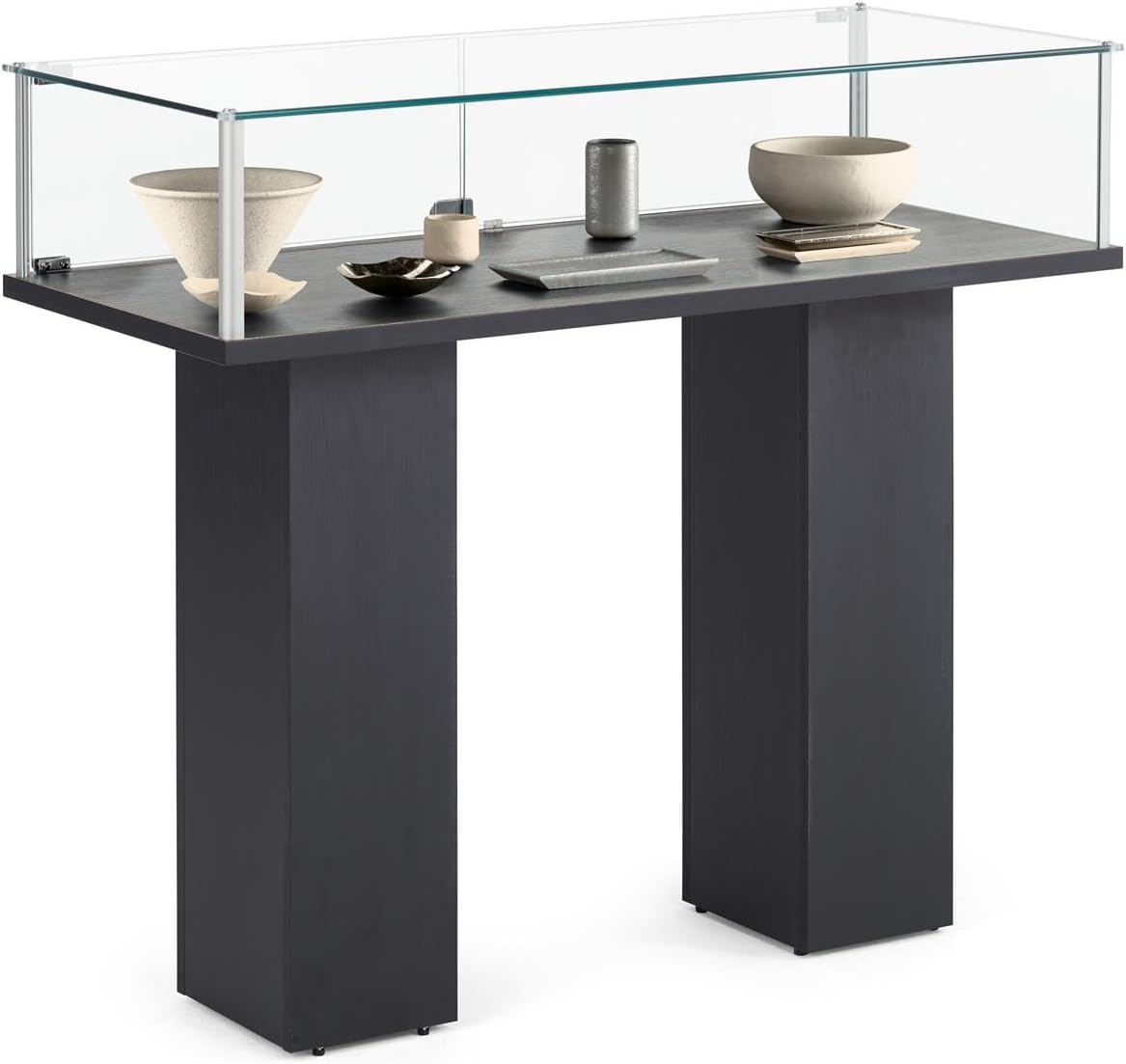 Free-Standing Tempered Glass Display Case with Black Veneer Legs