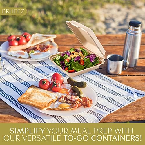 Brheez Disposable Clamshell Containers Biodegradable 8x8 1 Compartment Pack of 50