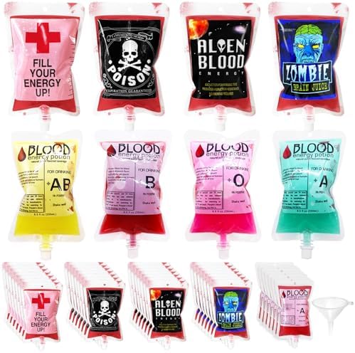 40 Pcs Halloween Blood Bags for Drinks Reusable with Funnel