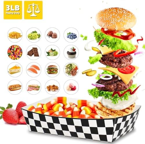 KERINGO 50 Pack Checkered Paper Food Trays 3Lb Race Car Birthday Party Supplies