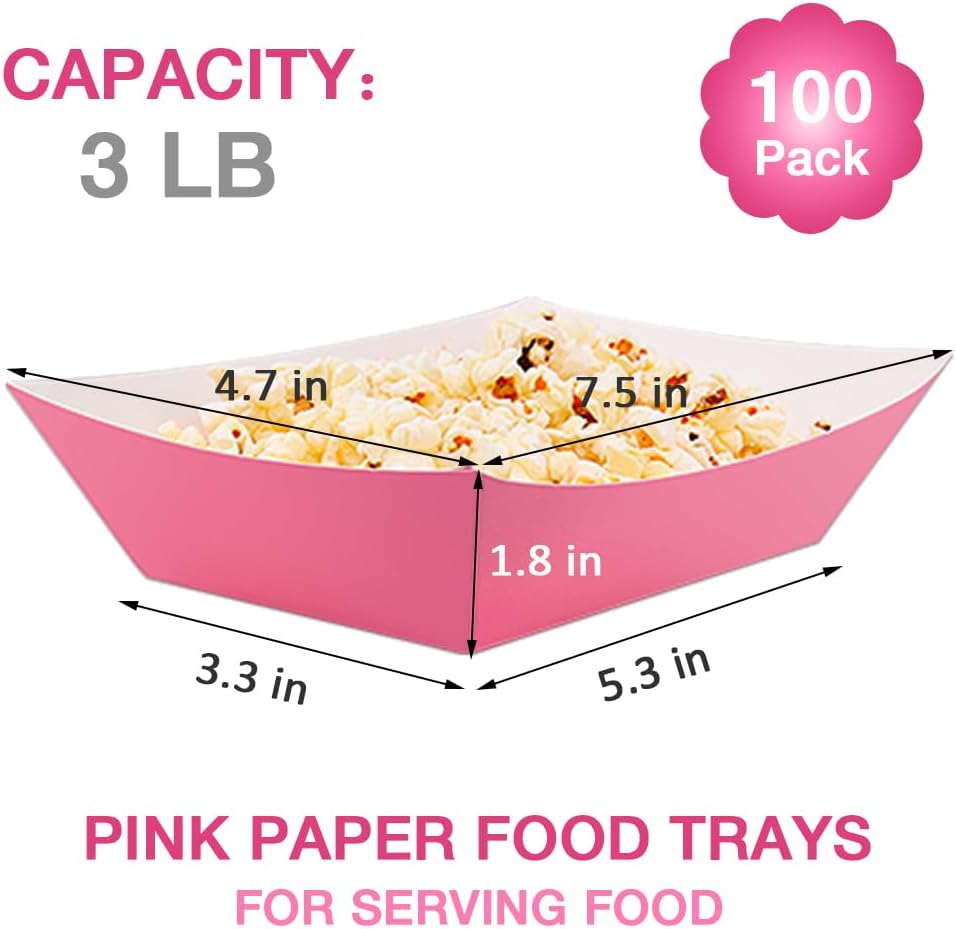100 Pack 3LB Paper Food Trays with Pink Color