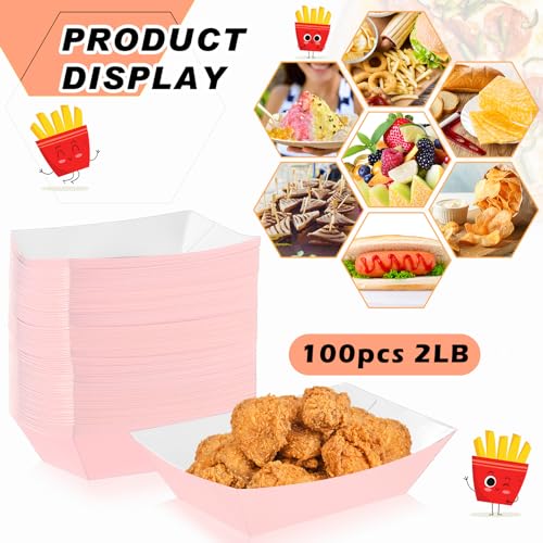 Yinkin 100 Pcs Light Pink Food Trays Boat 2lb Disposable Nacho Trays Kraft Paper Boat for Tacos Party Supplies