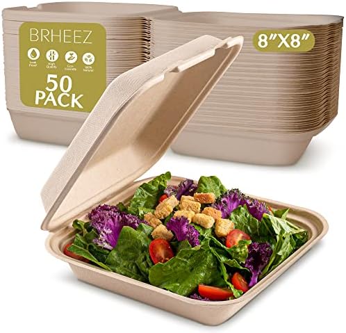 Brheez Disposable Clamshell Containers Biodegradable 8x8 1 Compartment Pack of 50