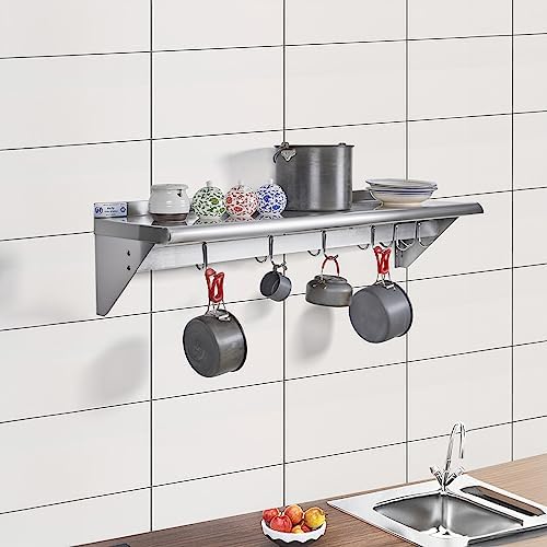 HALLY Stainless Steel Shelf with 6 Hooks Wall Mounted Pot Rack 12x36 Inches