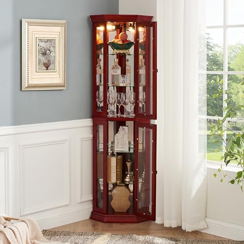 Corner Curio Cabinet with Lights - Adjustable Glass Shelves and Mirror Back