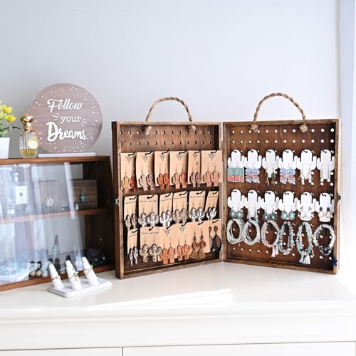 MOOCA 2 Panel Pegboard Jewelry Display Organizer with 48 Hooks and Rope Handle