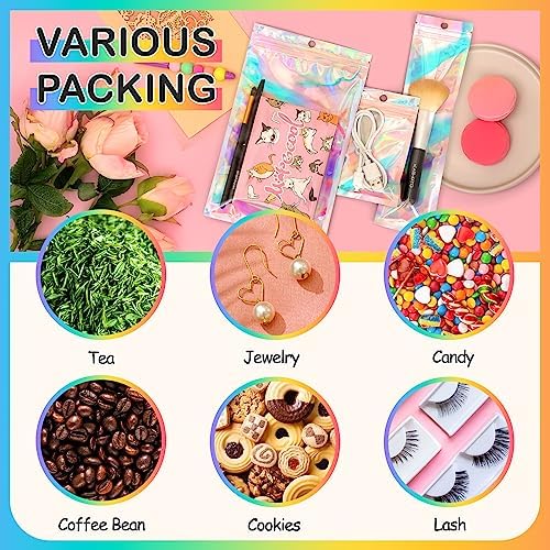 Funfery 100 Pack Clear Smell Proof Holographic Bags with Zipper
