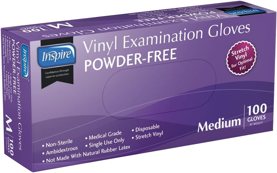 Inspire Exam Grade Vinyl Gloves Medium 100 Count White