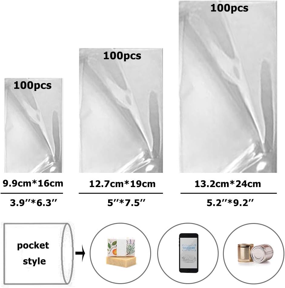 300 pcs Heat Shrink Wrap Bags 3 Sizes Clear Odorless POF Film for Packaging Gifts Soap Candles Bath Bombs