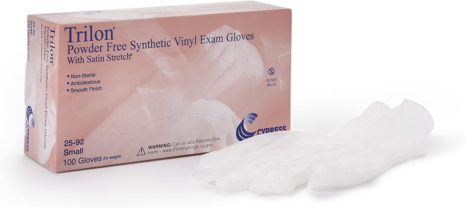 Trilon Exam Gloves Vinyl Powder Free Beaded Cuff Non Sterile Small 100 Count