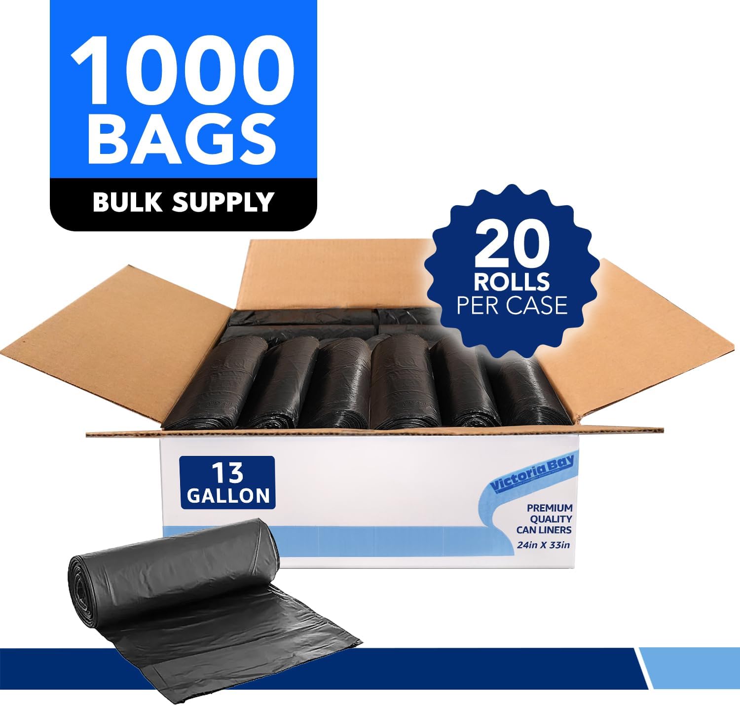 VicBay 13 Gallon Black Trash Bags 1000 Ct Can Liners