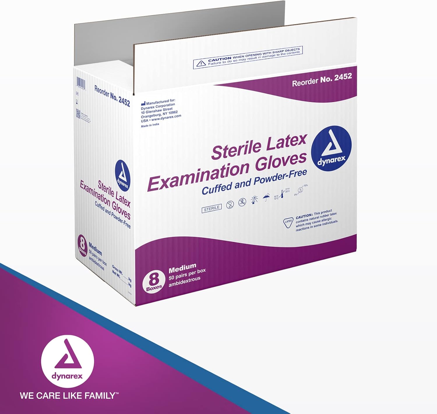 Dynarex Powder-Free Sterile Latex Exam Gloves Medium 1 Case - 8 Boxes of 50 Pairs