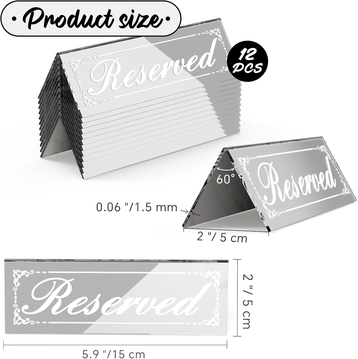 12 Pcs 6x2 Inch Silver Mirrored Table Signs