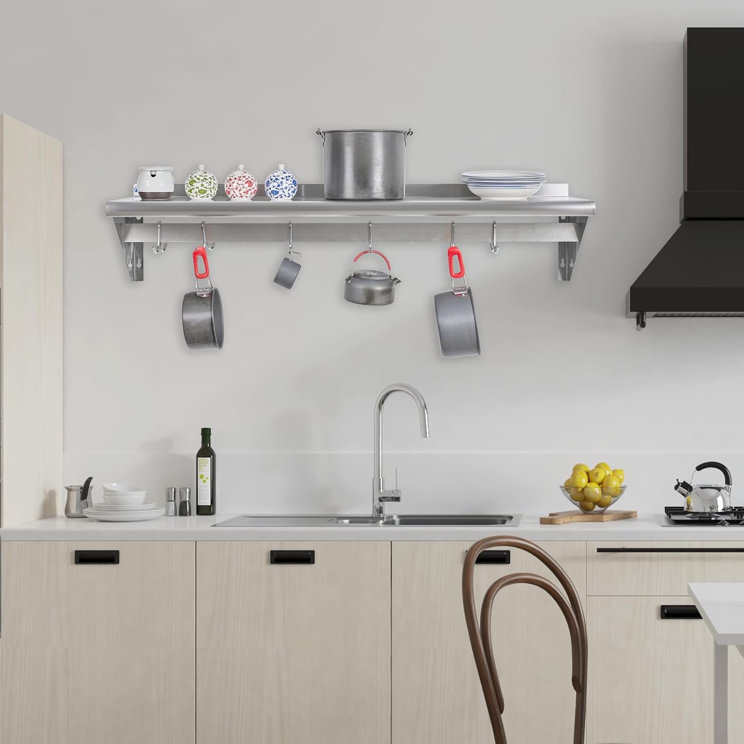 HALLY Stainless Steel Shelf with 6 Hooks 14x48 Wall Mount Pot Rack