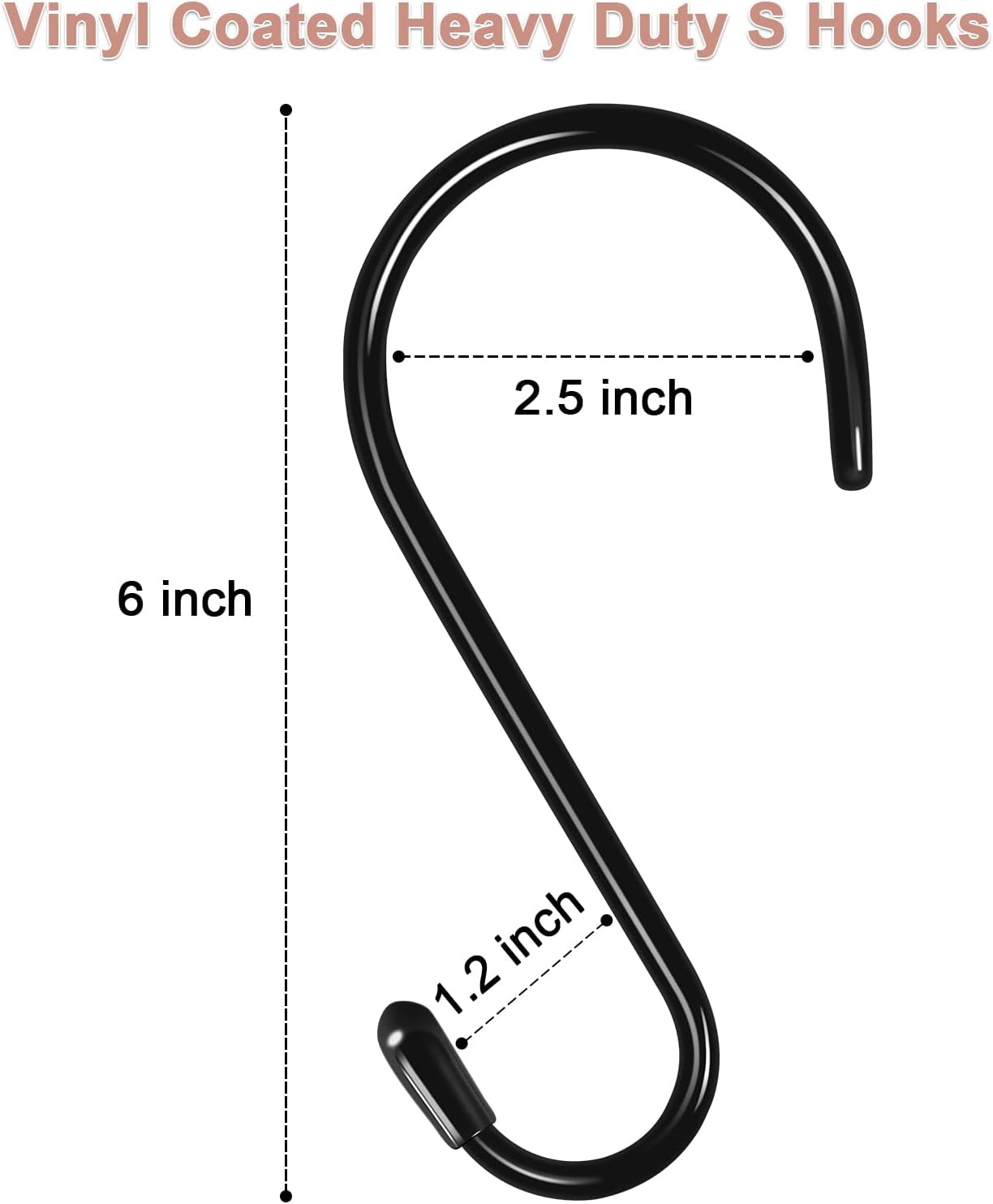 6 Pack Heavy Duty S Hooks with Vinyl Coating 6 Inch S Hooks for Hanging Kitchen Pans Clothes Bags Plants Hats Black