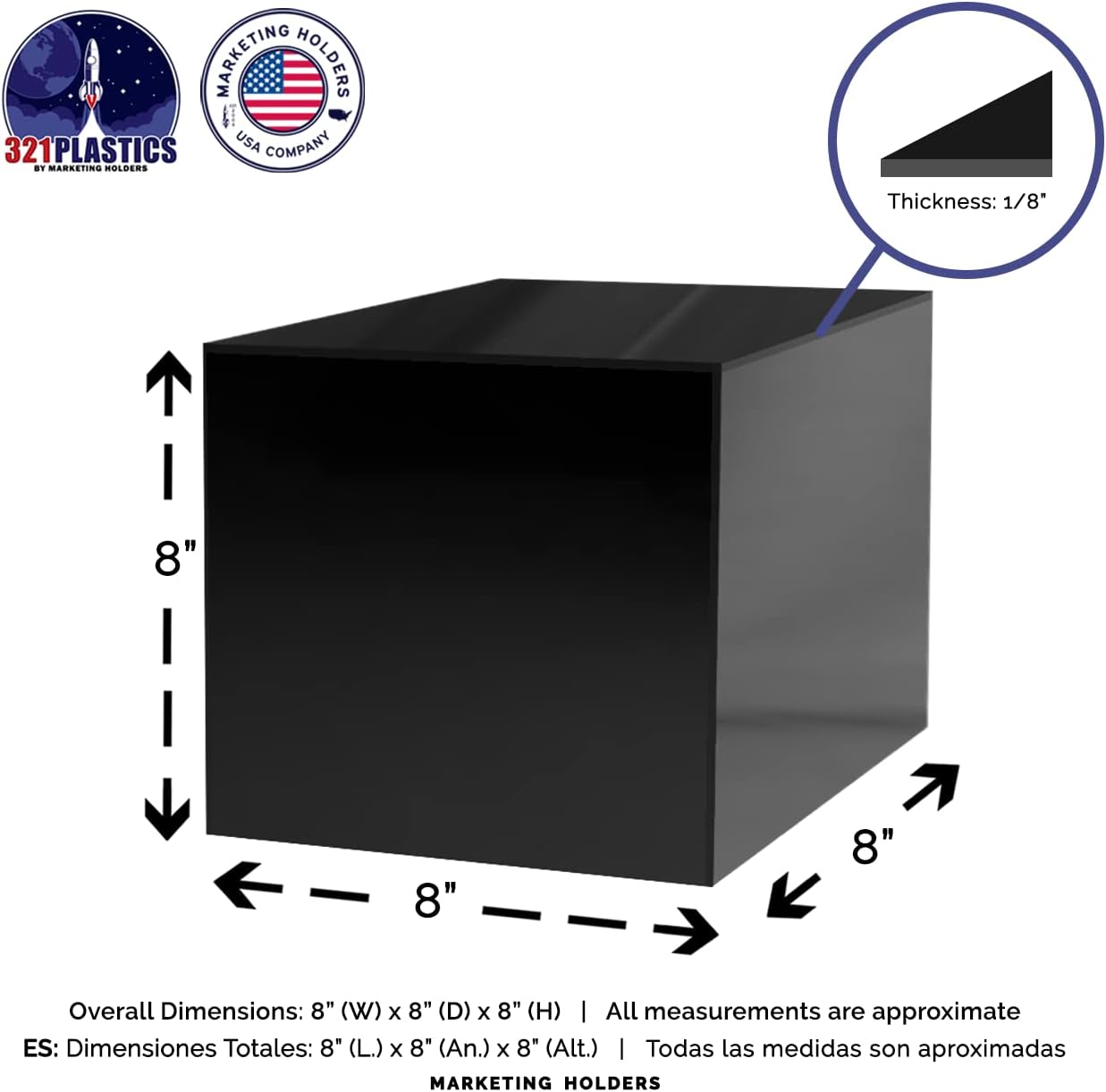 8 Inch Glossy Black Acrylic Display Riser Box No Lid