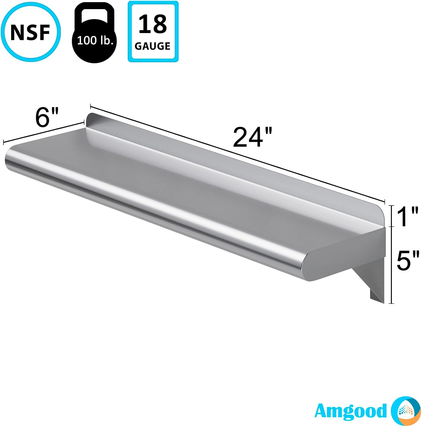 AmGood 6 x 24 Stainless Steel Wall Shelf NSF Approved