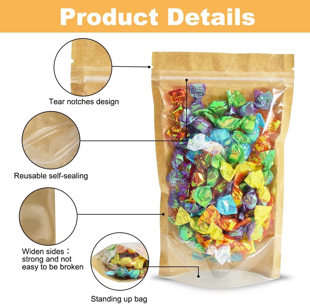 BEISHIDA Reusable Self-Sealing Ziplock Pouches 5x8 Inch Pack of 50 Kraft Brown