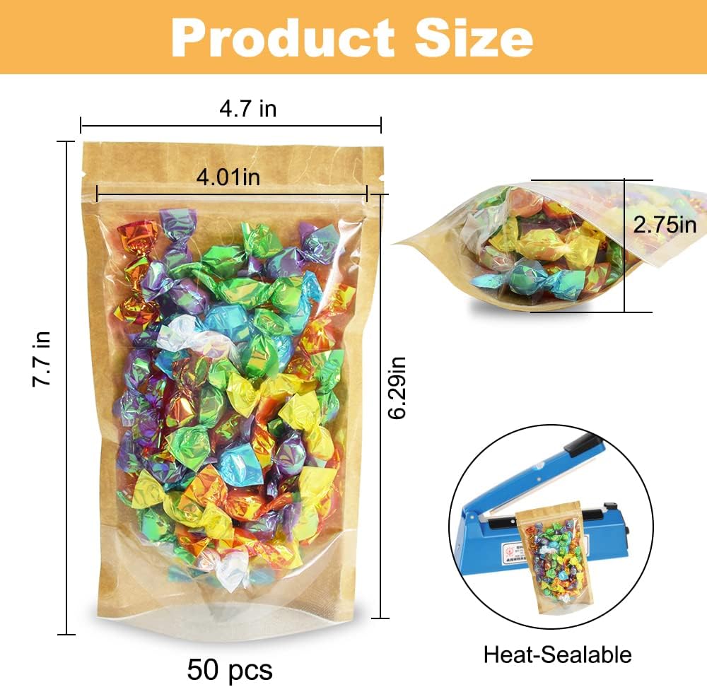 BEISHIDA Reusable Self-Sealing Ziplock Pouches 5x8 Inch Pack of 50 Kraft Brown