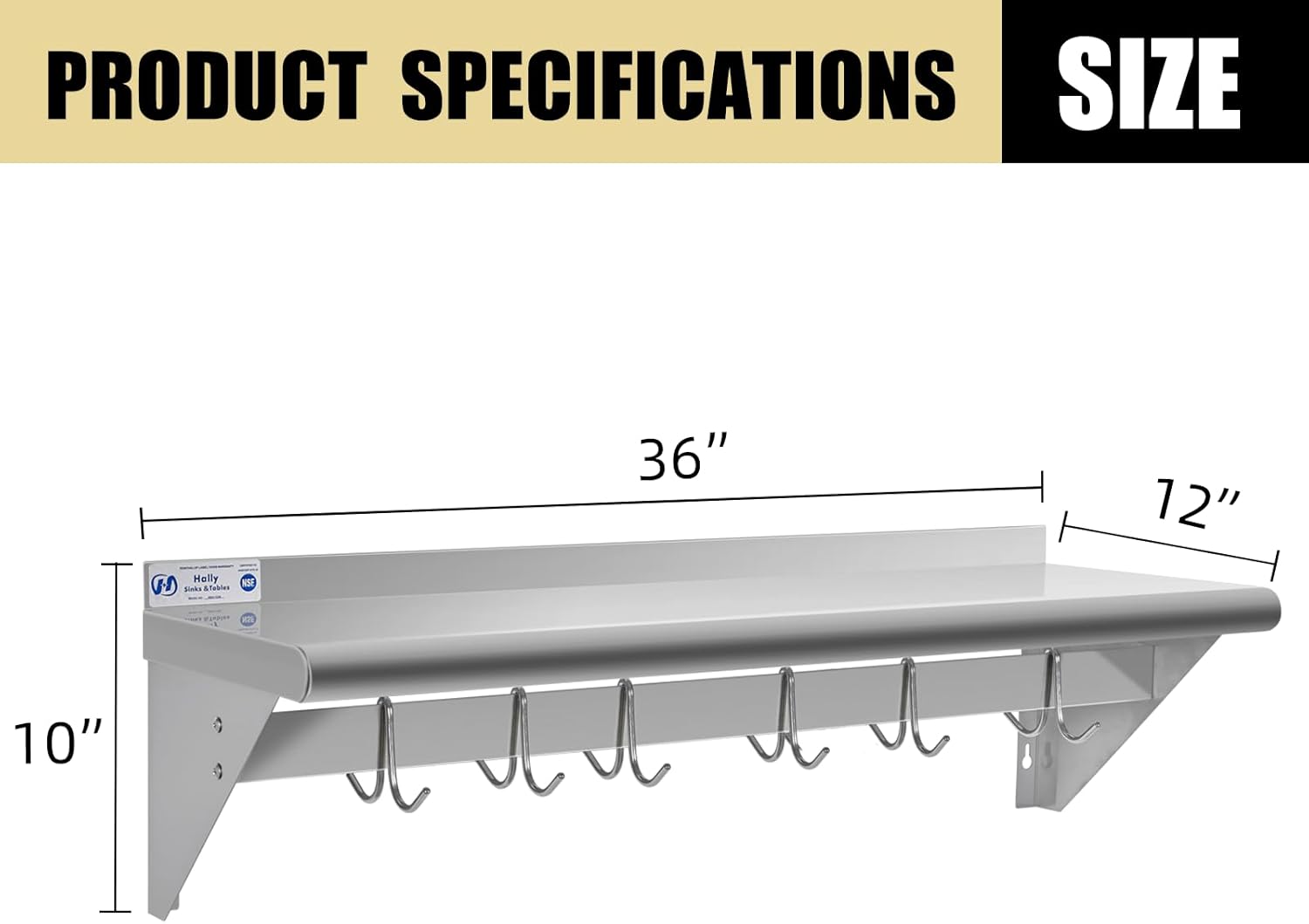 HALLY Stainless Steel Shelf with 6 Hooks Wall Mounted Pot Rack 12x36 Inches