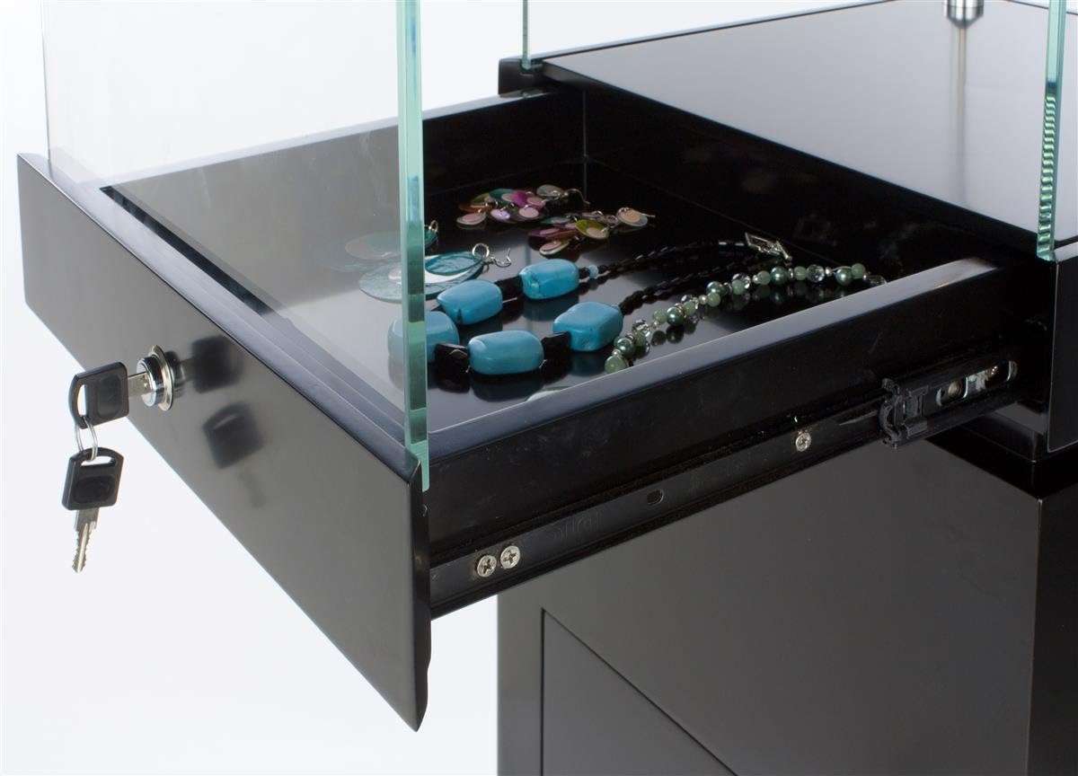 64 Glass Showcase with Pull-Out Drawer and Locking Cabinet - Black