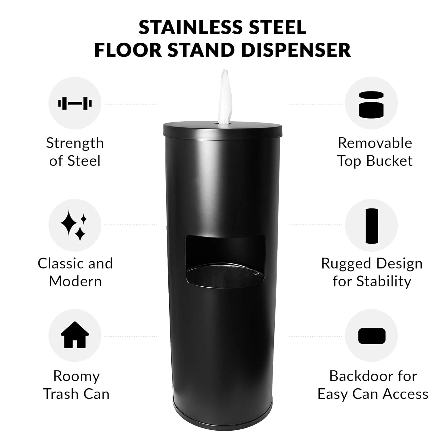 Black Stainless Steel Floor Stand Wipe Dispenser with Trash Can