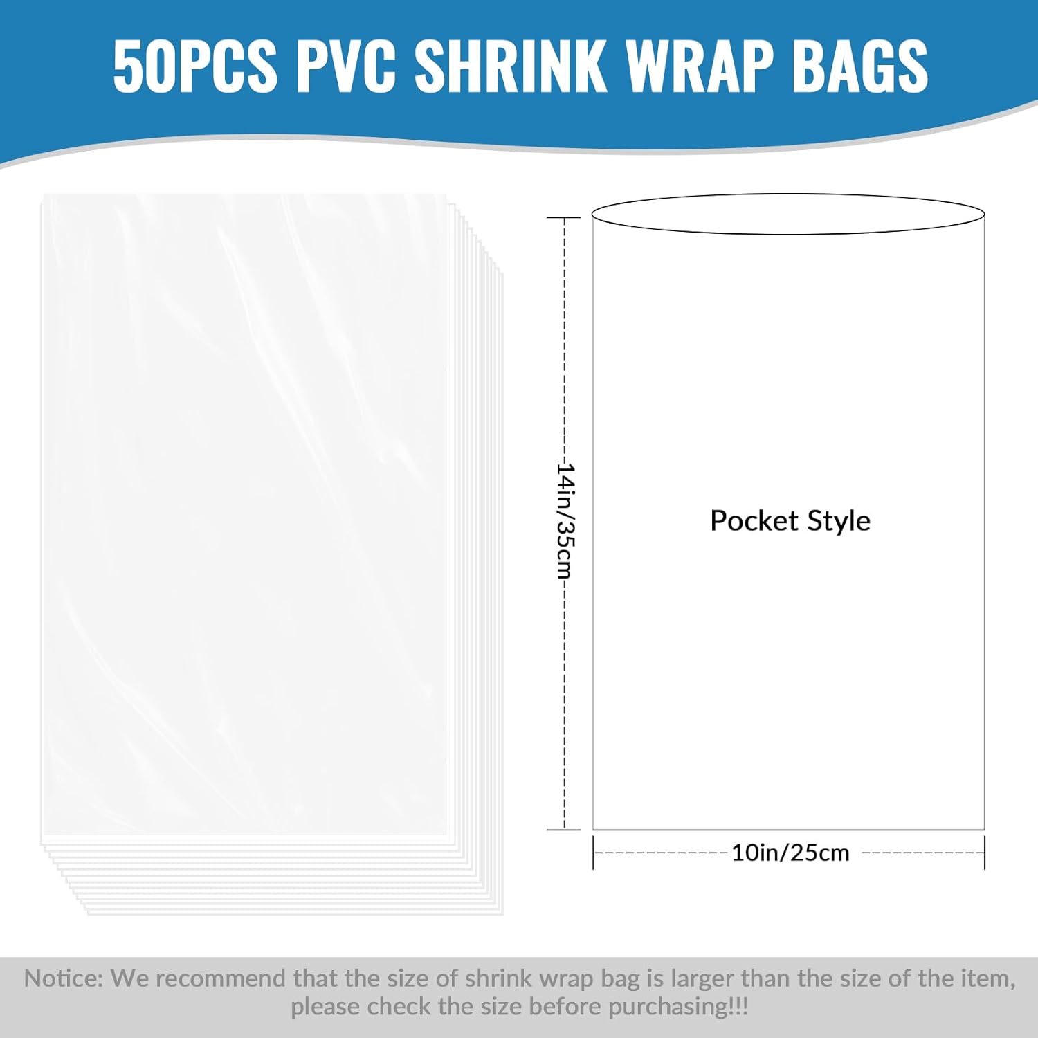 Yeumk 50PCS 10x14 Inch Clear PVC Heat Seal Shrink Wrap Bags for Packaging