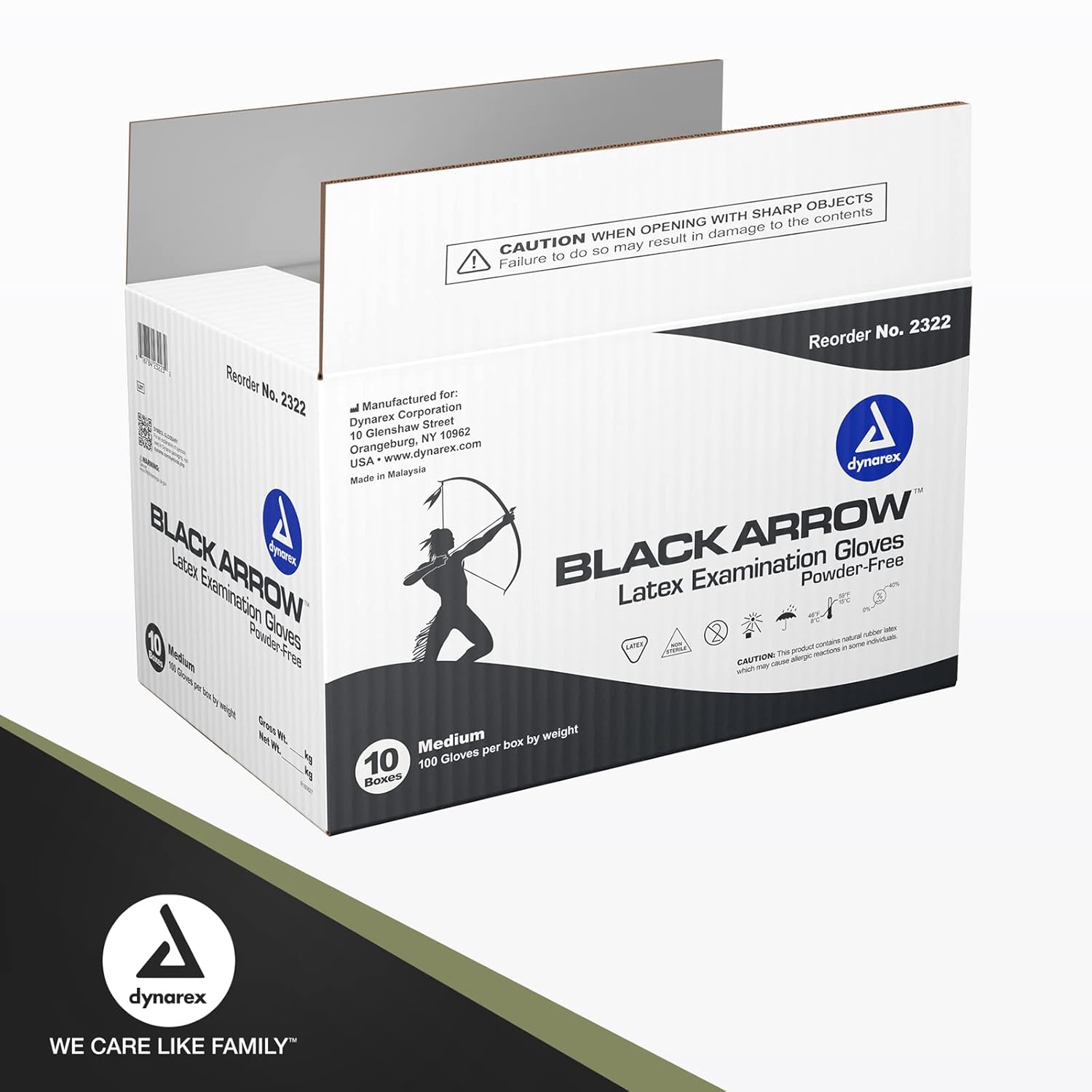 Dynarex Black Arrow Disposable Latex Exam Gloves Powder-Free Medium 1000 Count