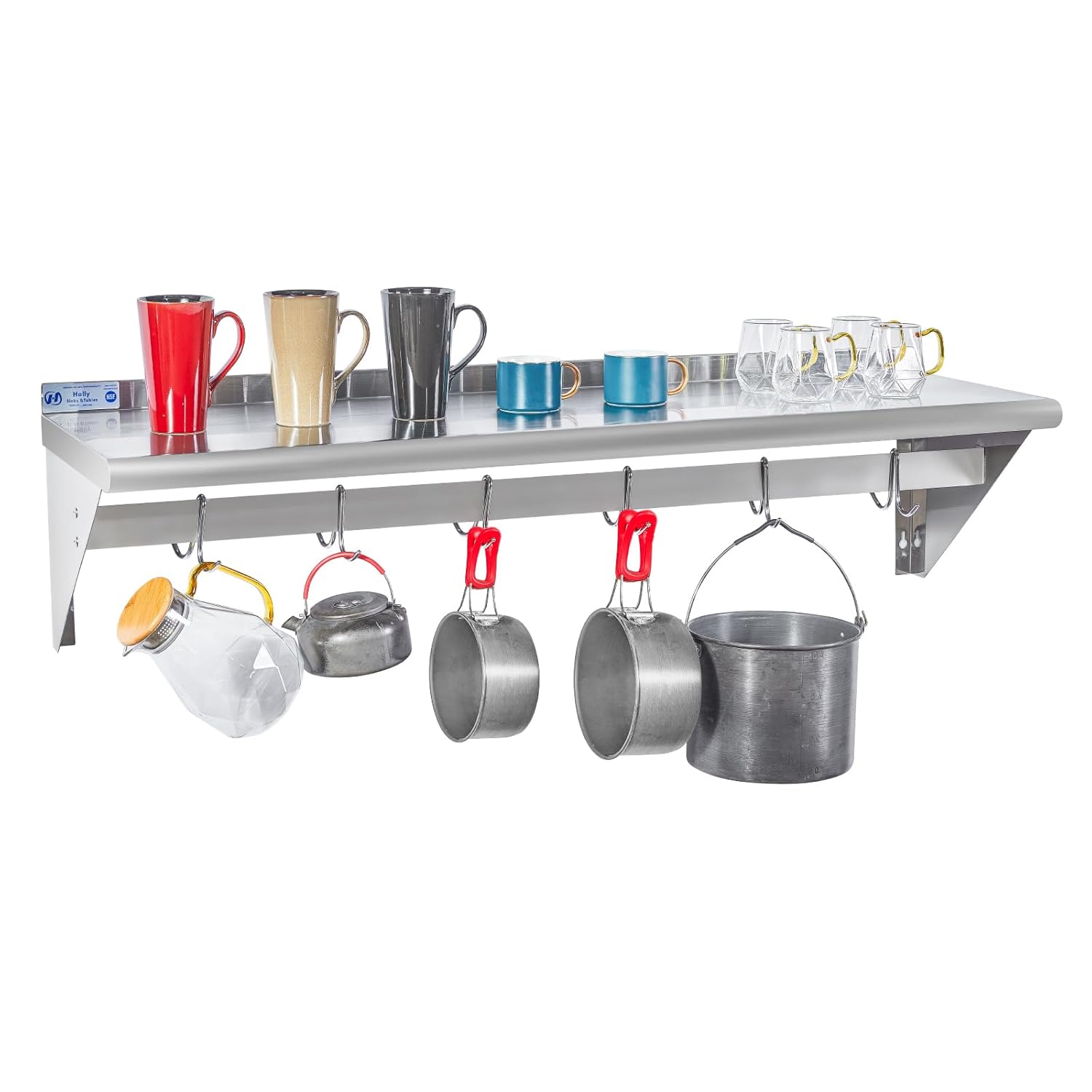 HALLY Stainless Steel Shelf with 6 Hooks 14x48 Wall Mount Pot Rack