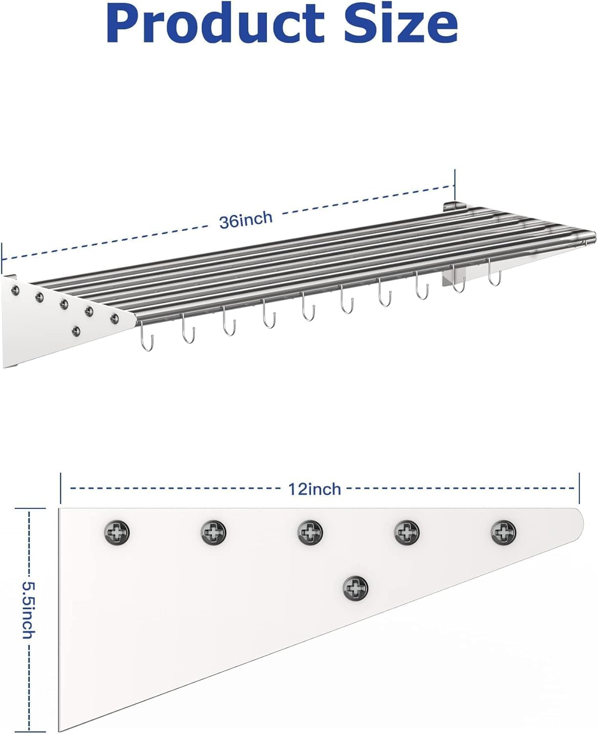 Stainless Steel Floating Shelf with 10 Hooks and Backsplash