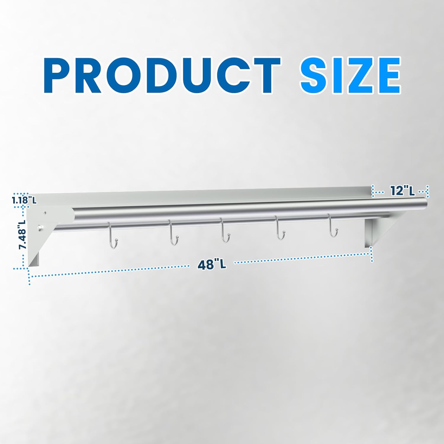 Treshin Heavy Duty Stainless Steel Shelf with 5 Hooks 12x48 Inches