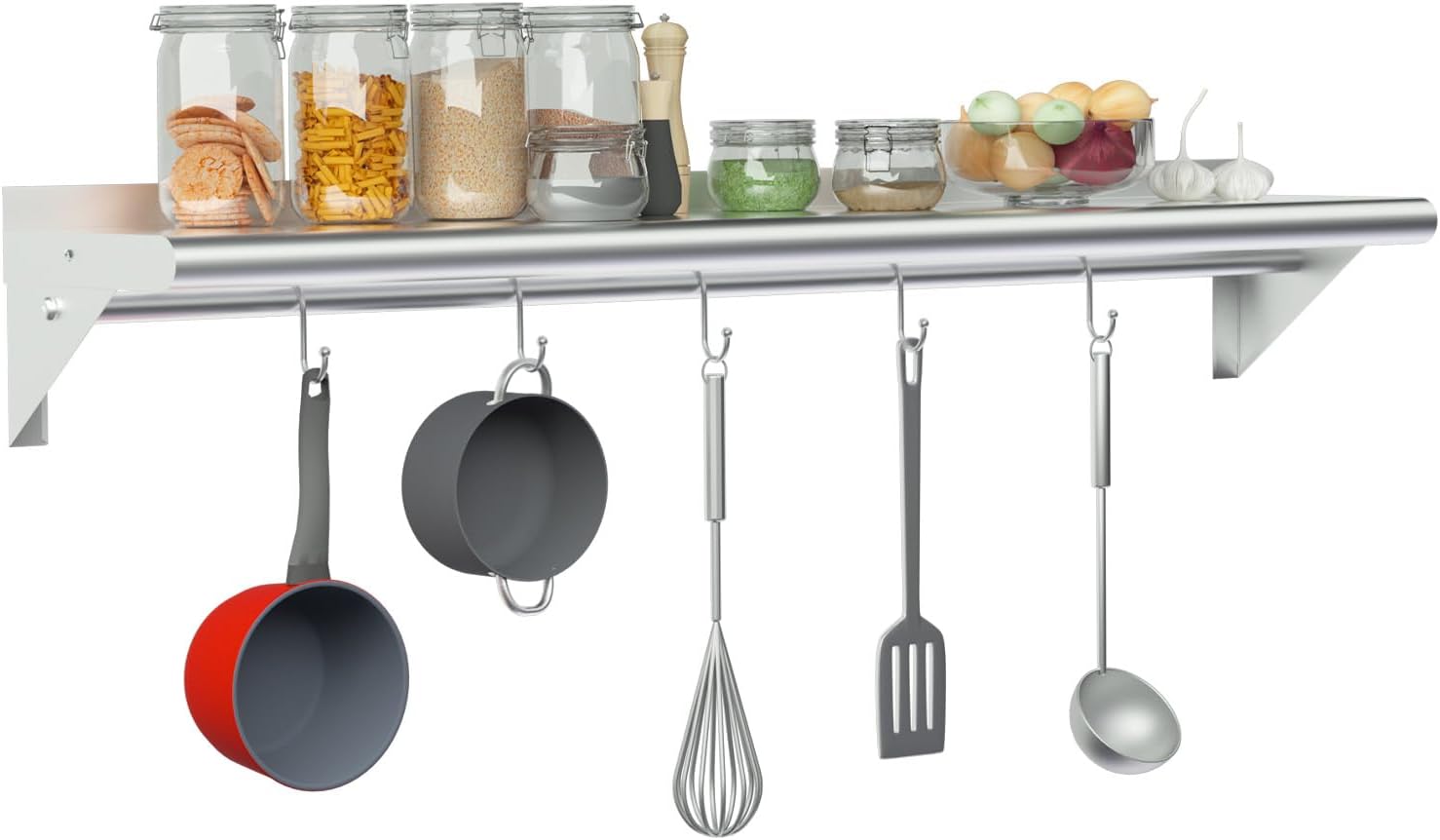 Treshin Heavy Duty Stainless Steel Shelf with 5 Hooks 12x48 Inches
