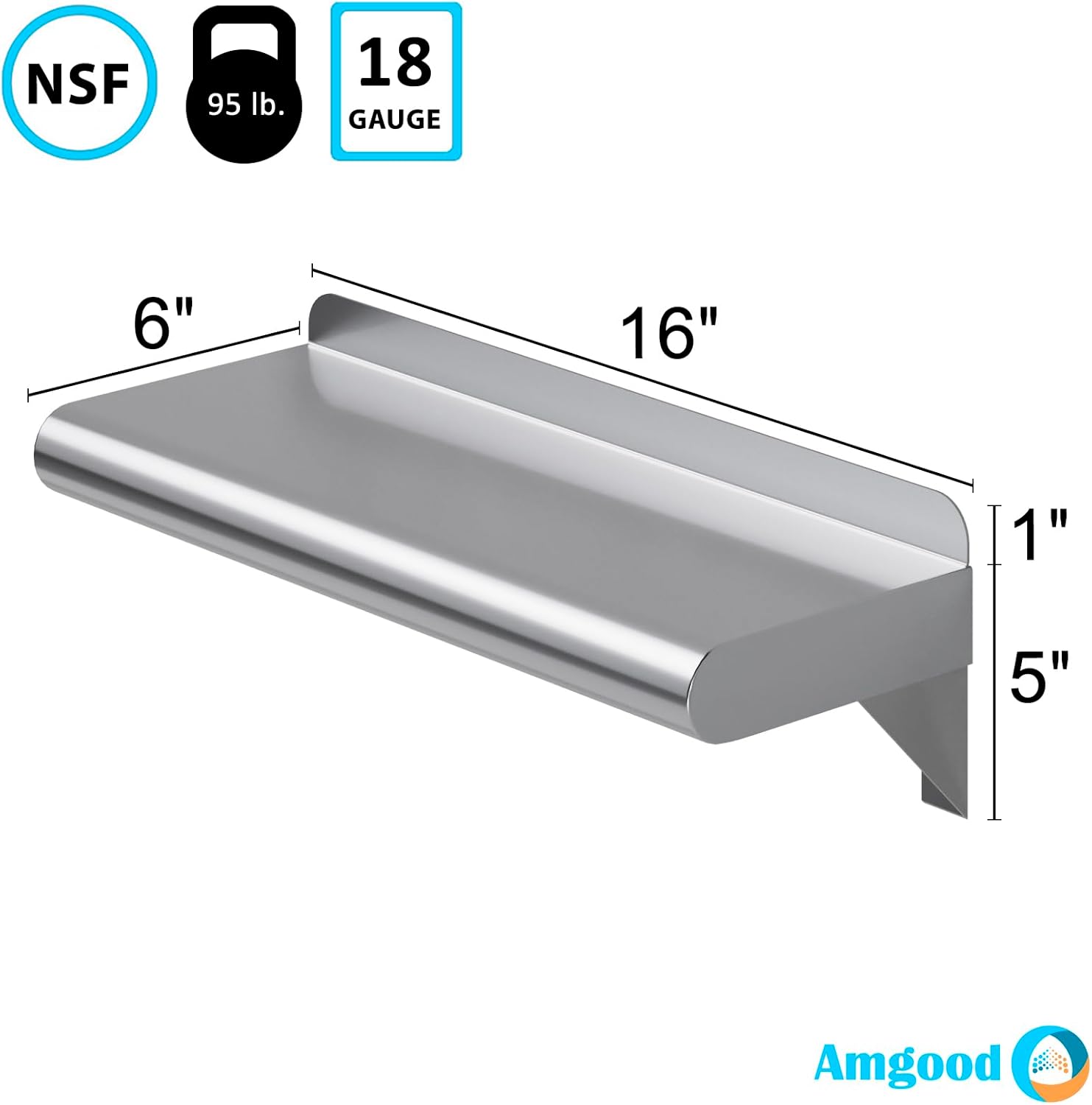 AmGood 6 X 16 Stainless Steel Wall Shelf NSF Approved Commercial Kitchen Storage