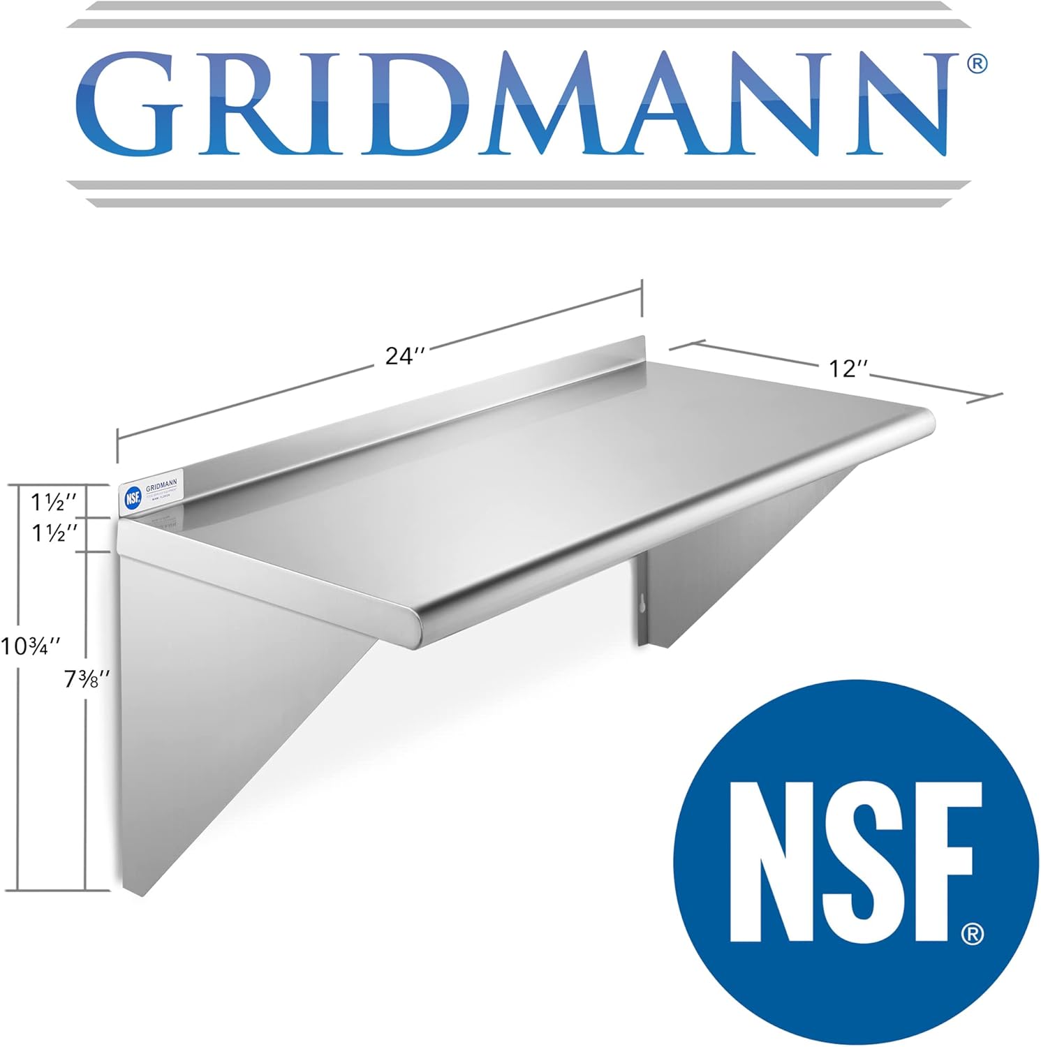 GRIDMANN 12x24 Inch Stainless Steel Wall Shelf with Backsplash