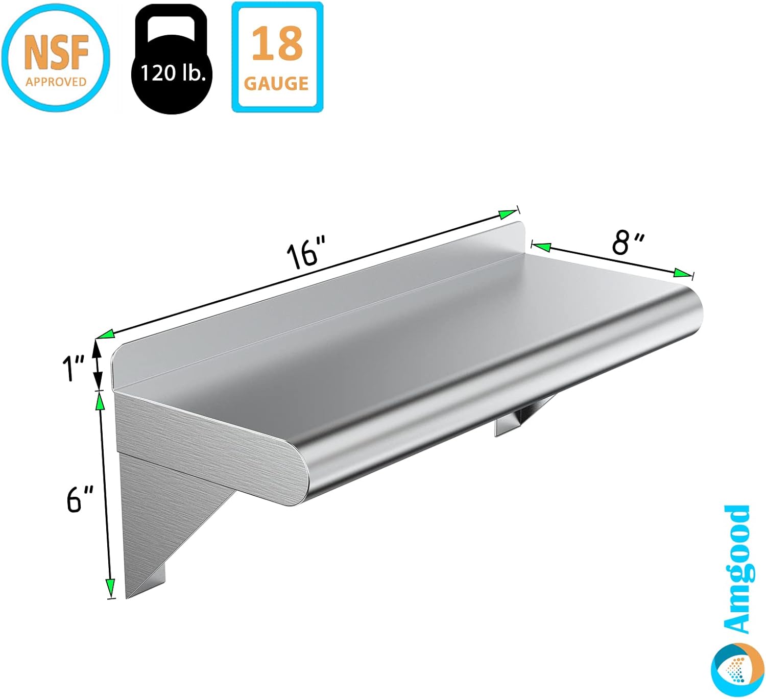 AmGood 8 X 16 Stainless Steel Wall Shelf NSF Certified