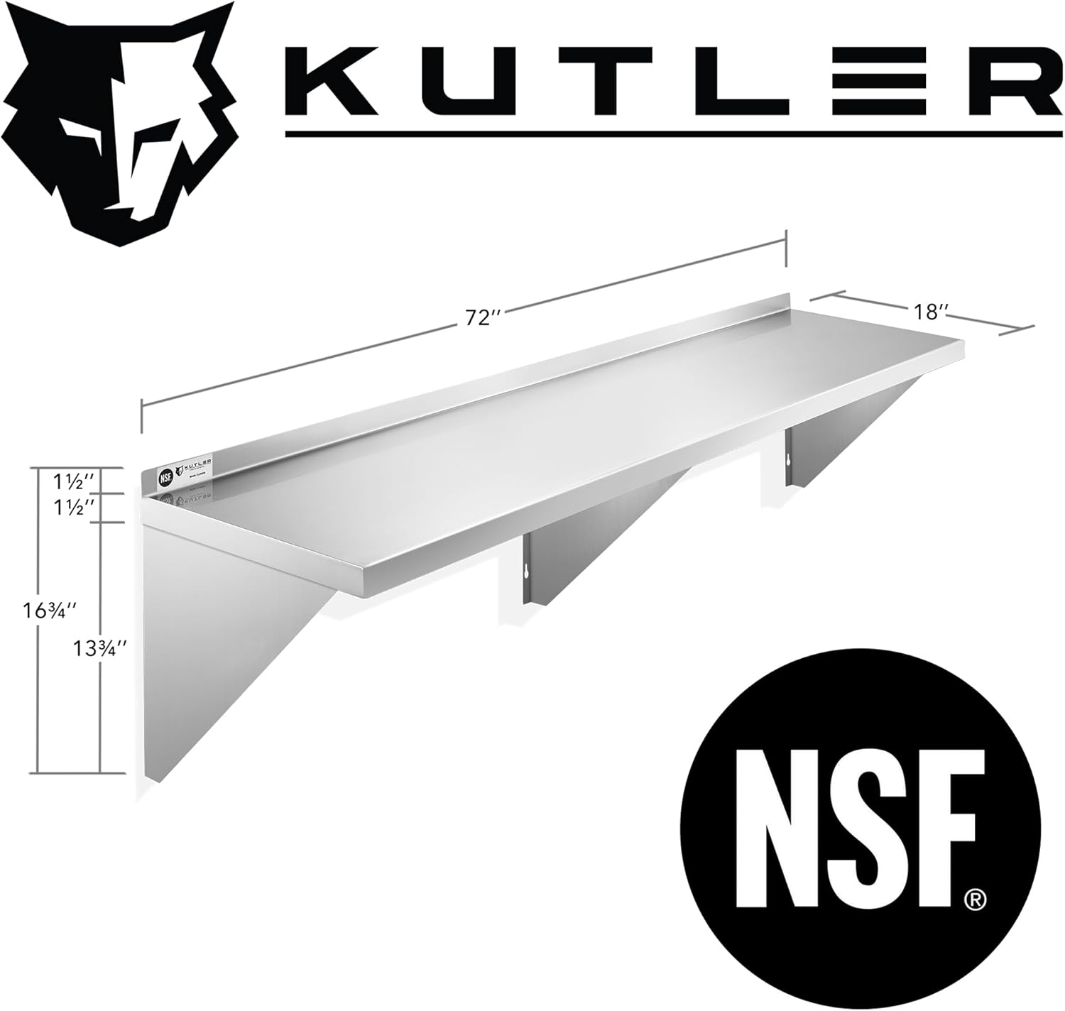 KUTLER Stainless Steel Shelf 18x72 NSF Commercial Wall Mount