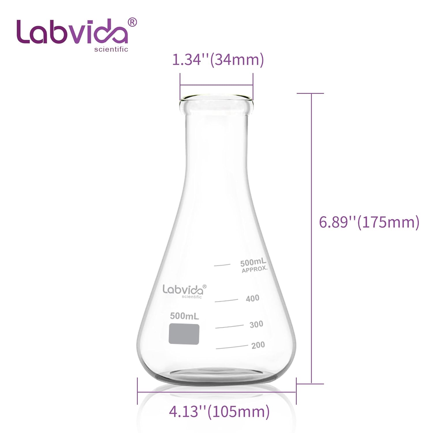 6PCS Narrow Mouth 500ml Erlenmeyer Flasks with Borosilicate Graduation