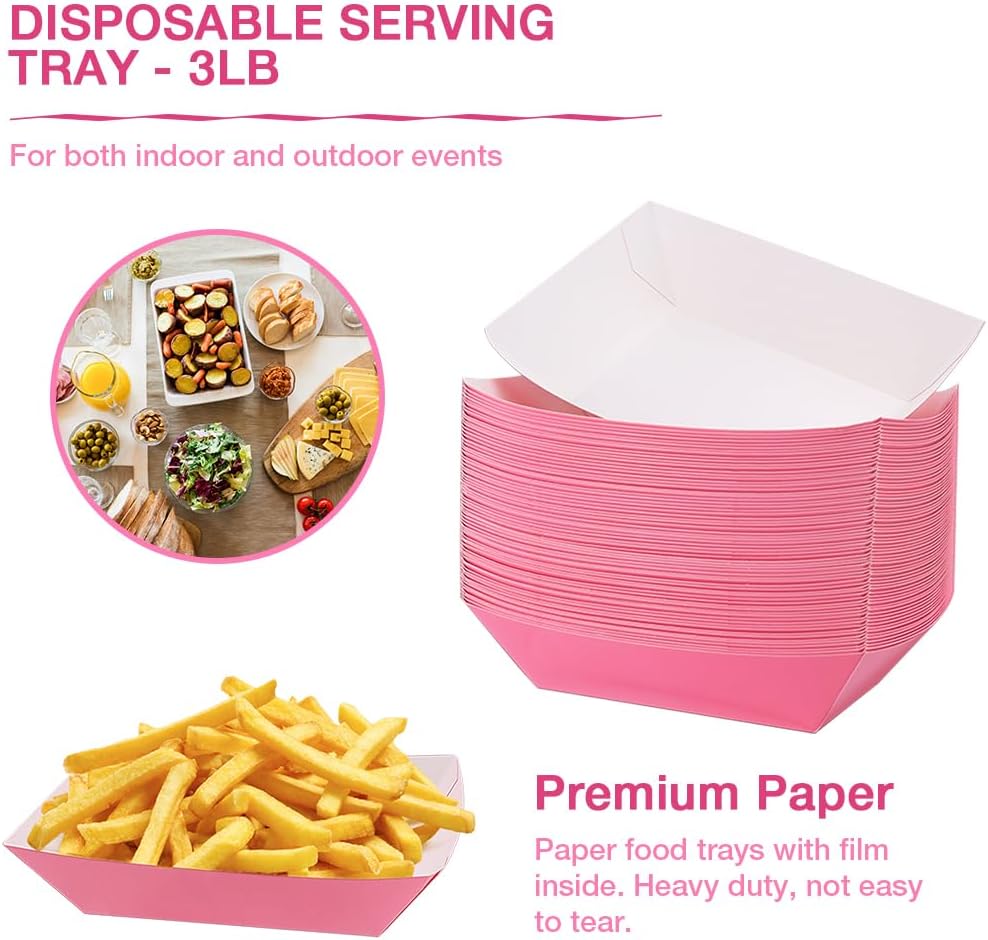 100 Pack 3LB Paper Food Trays with Pink Color