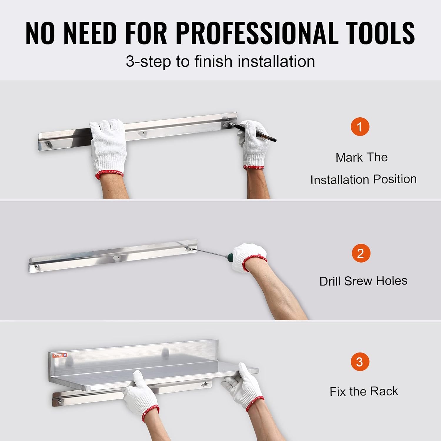 VEVOR 86 x 24 Inch 2 Pack Stainless Steel Wall Mounted Shelving with Backsplash