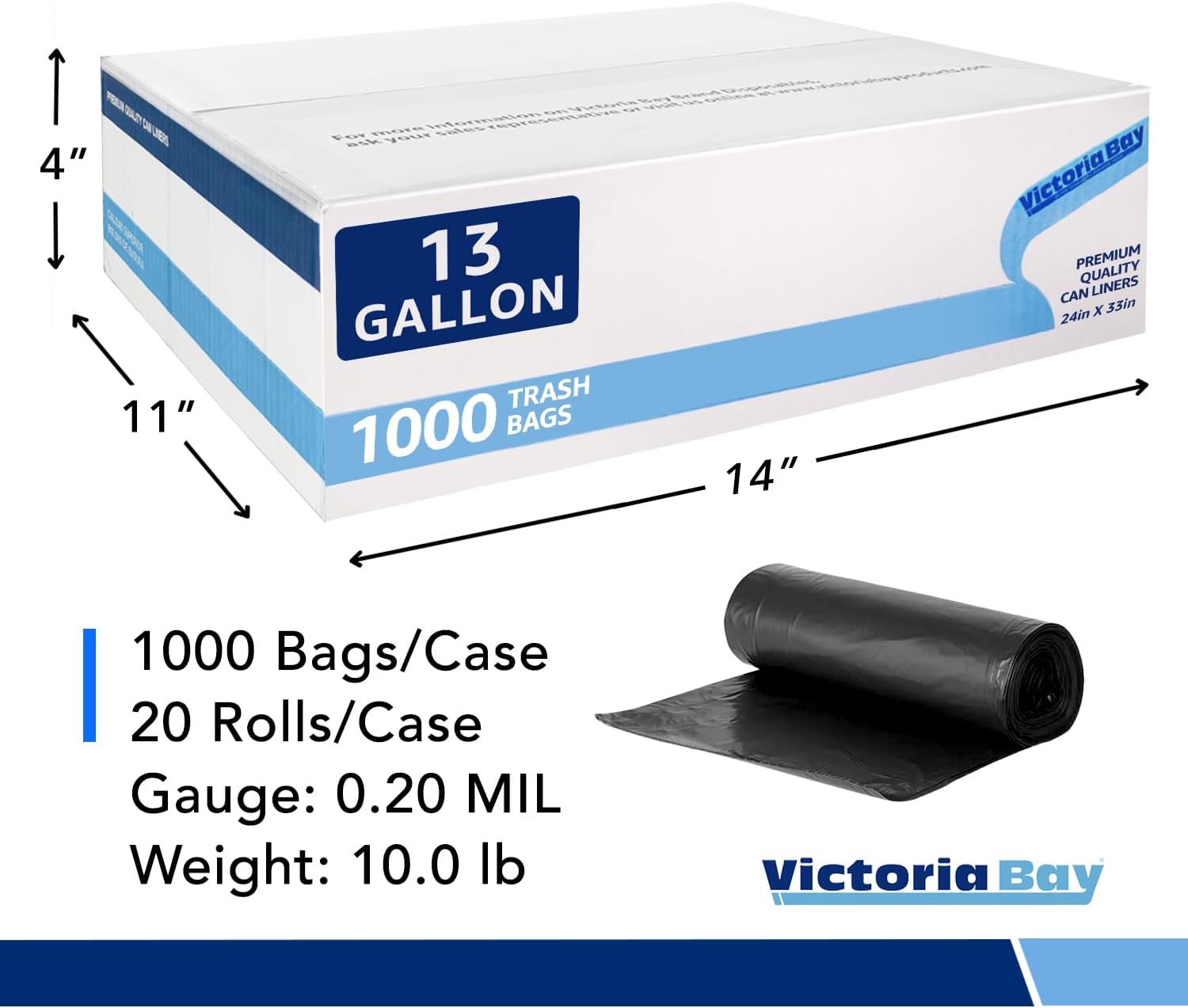VicBay 13 Gallon Black Trash Bags 1000 Ct Can Liners