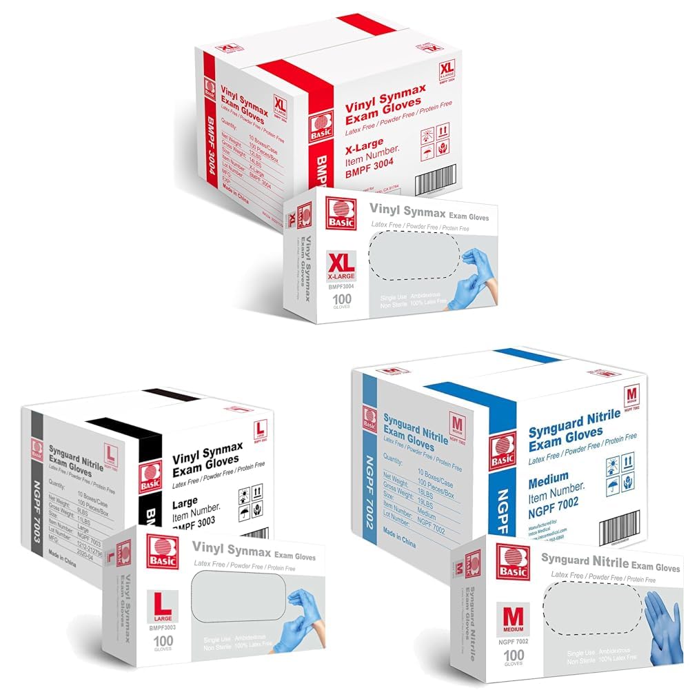 Basic Synmax Vinyl Blue Nitrile Exam Gloves - Latex-Free Powder-Free - Medium