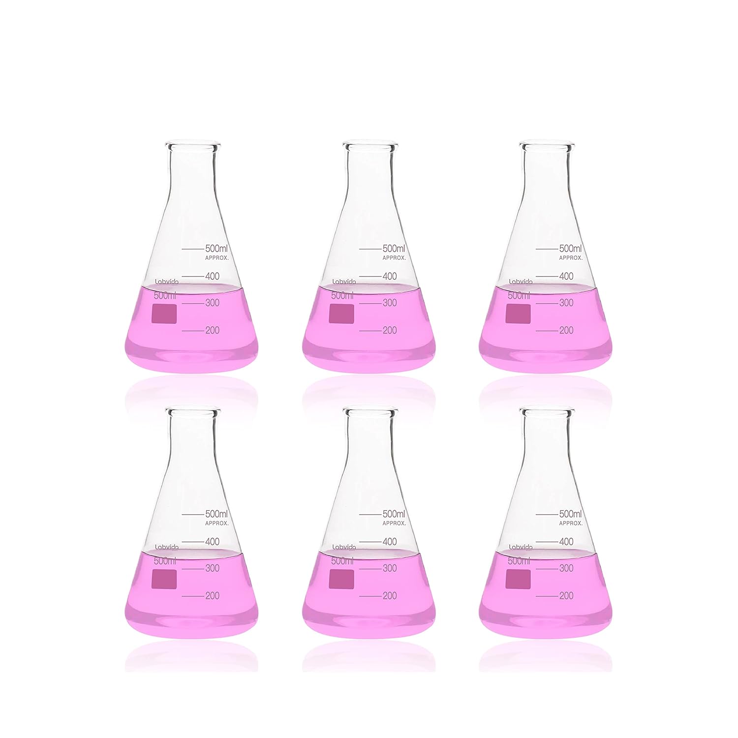6PCS Narrow Mouth 500ml Erlenmeyer Flasks with Borosilicate Graduation