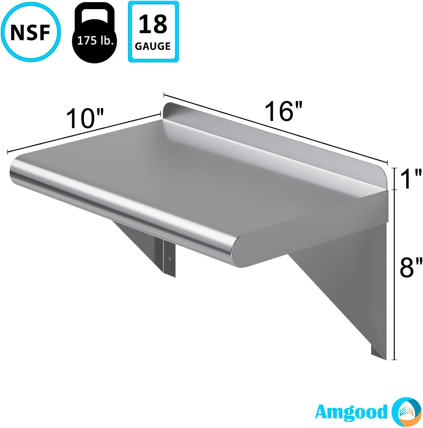 AmGood 10in x 16in Stainless Steel Wall Shelf NSF Certified