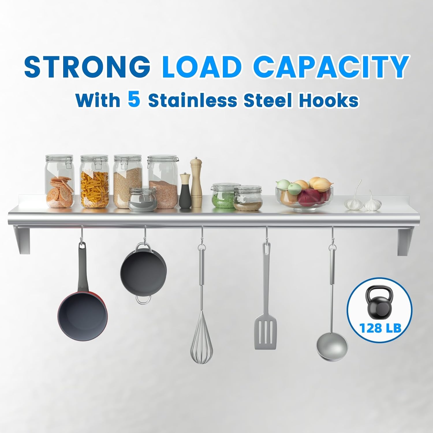 Treshin Heavy Duty Stainless Steel Shelf with 5 Hooks 12x48 Inches