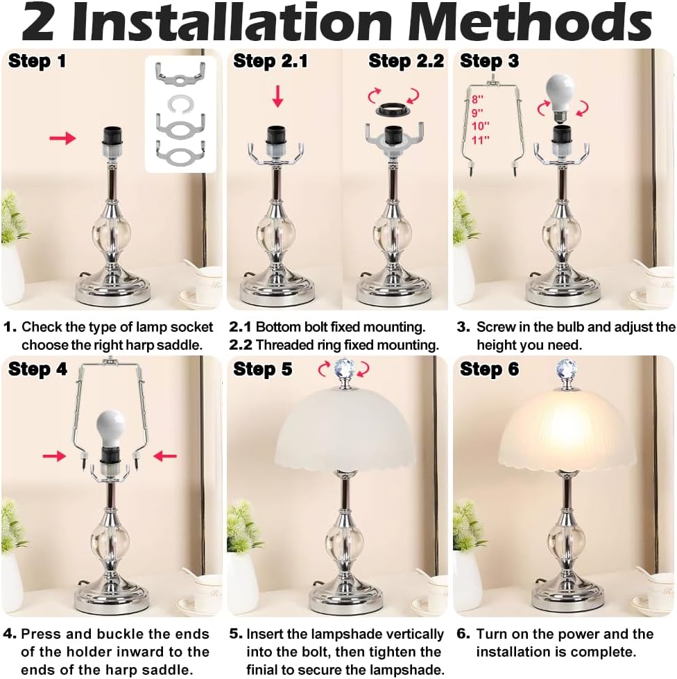 8-9-10-11 Inch Nickel Lamp Harp Holder Adjustable Height Harp Kit with Crystal Metal Finial