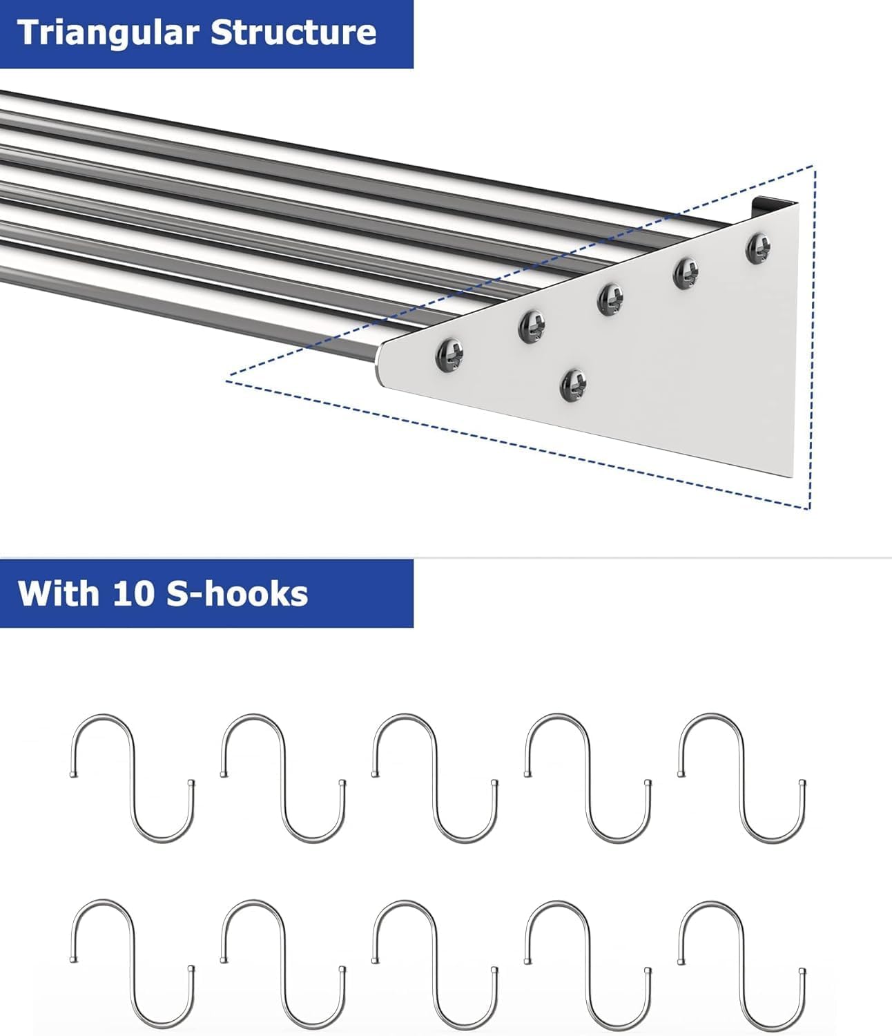 Stainless Steel Floating Shelf with 10 Hooks and Backsplash
