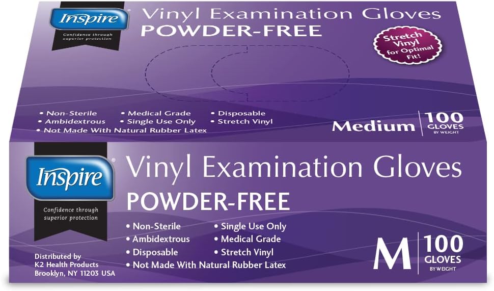 Inspire Exam Grade Vinyl Gloves Medium 100 Count White