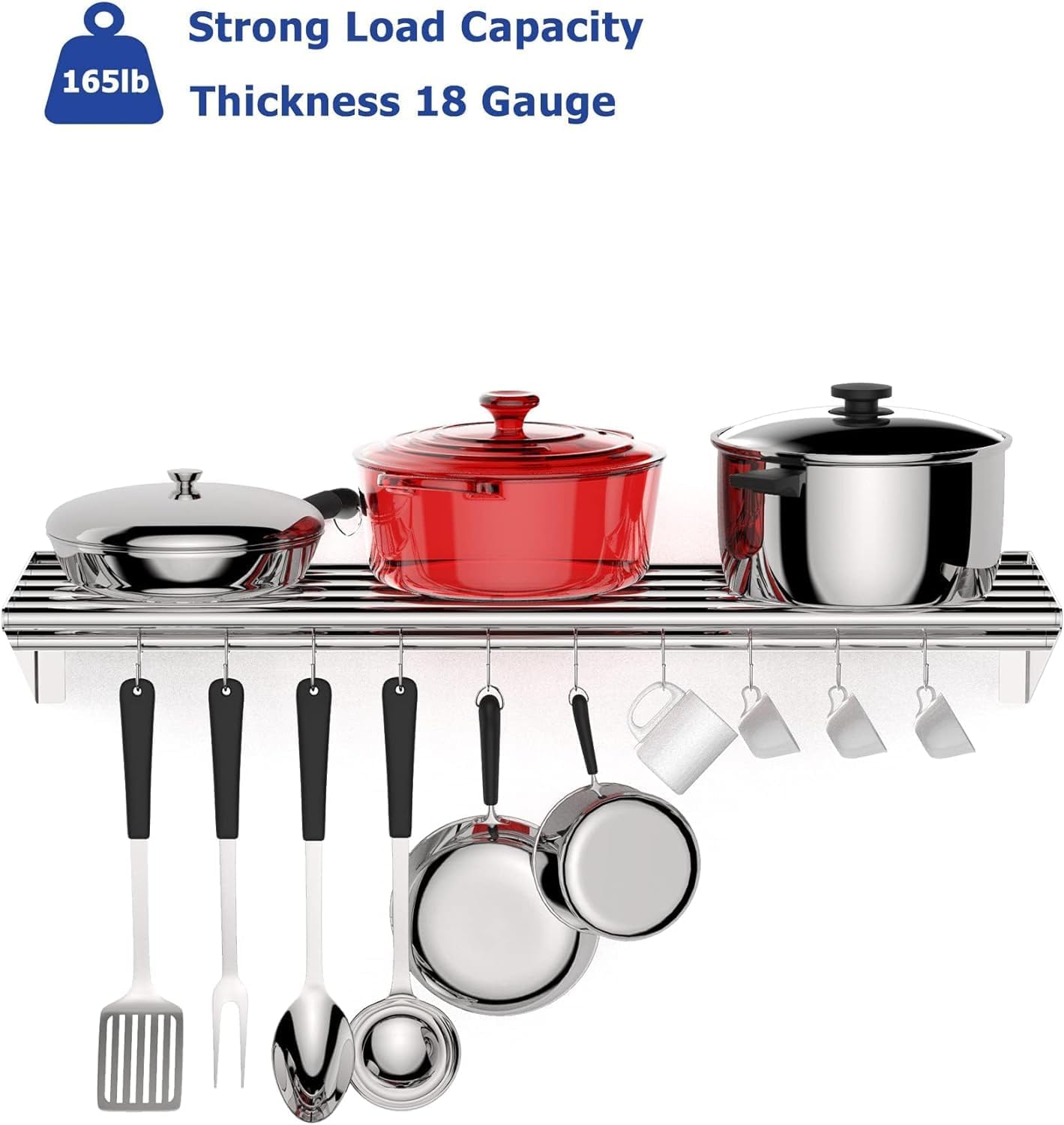 Stainless Steel Floating Shelf with 10 Hooks and Backsplash