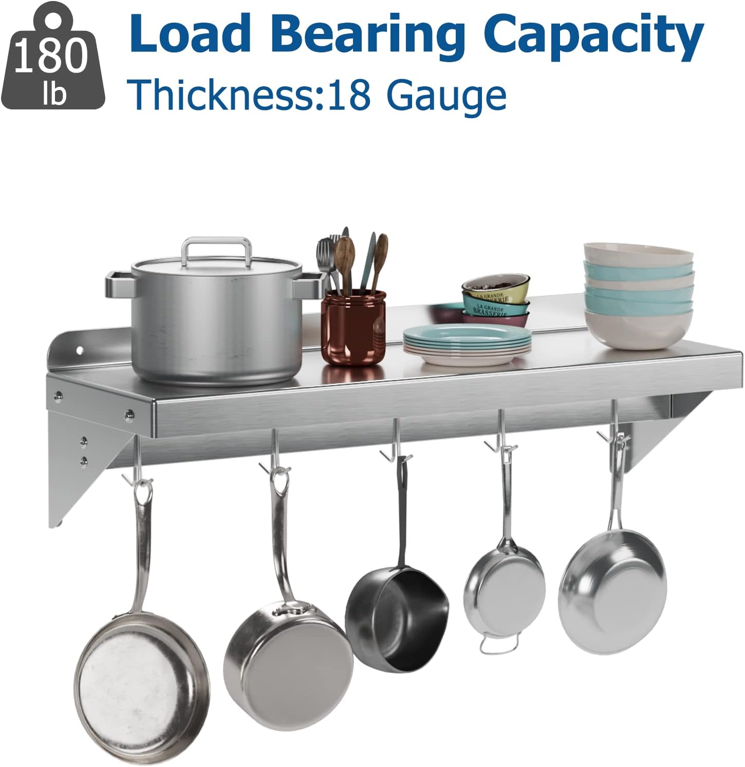 12 Inch x 24 Inch NSF Certified Stainless Steel Wall Mount Shelf with 5 Hooks