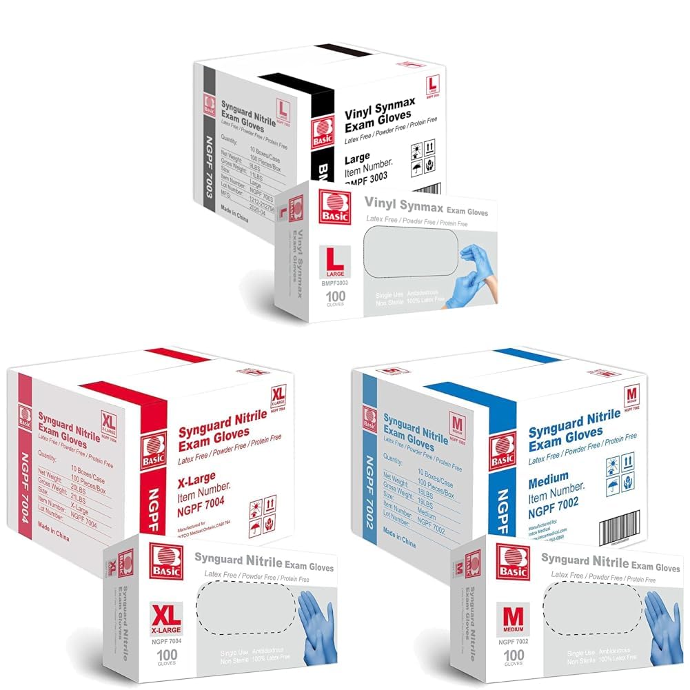 Basic Medical Vinyl Nitrile Exam Gloves - Latex-Free Powder-Free - Case of 1000 Medium